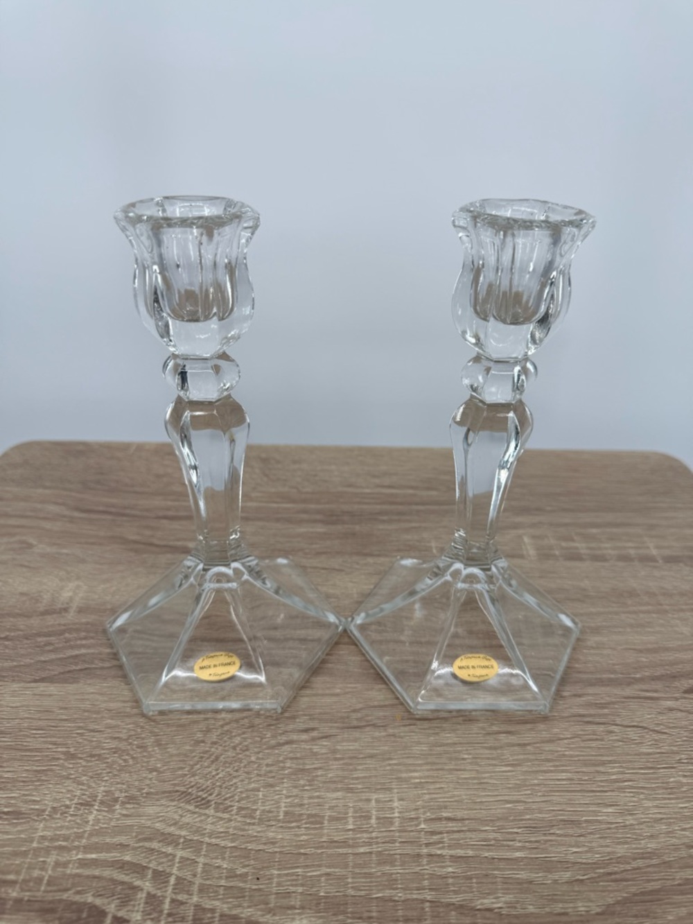 Vintage 2 Teleflora French Crystal Glass Candlestick Holders Parisian 7" MCM